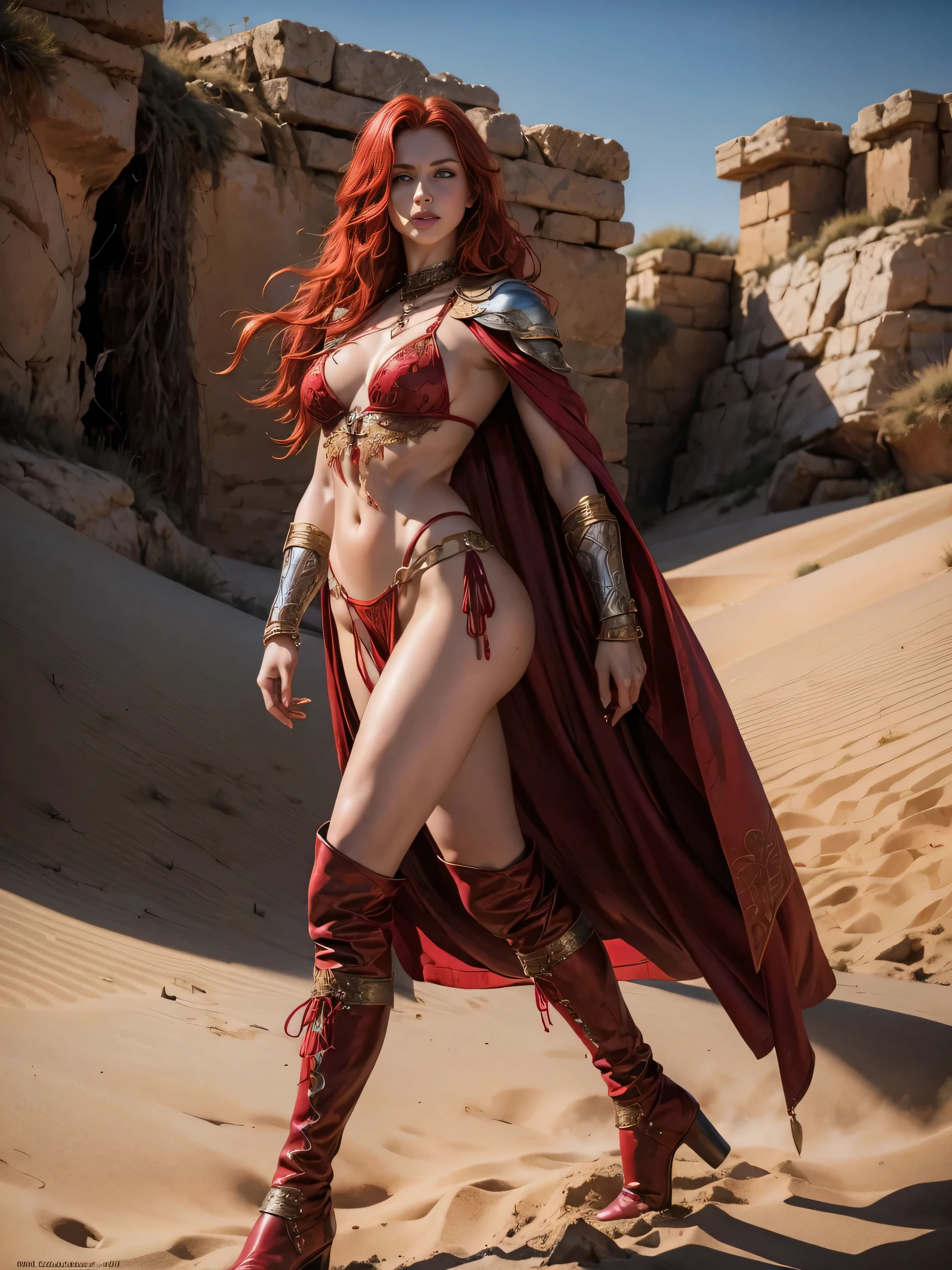 full body. Red Sonja, a warrior woman, long red hair, wild eyes, sensual, athletic, wears a silver chain strap on her chest, a short animal skin loincloth, aged embroidered leather boots, sweats, in a deadly battle against her enemies, the Khitanese, in the Hyrkania Desert. film composition photography, Very detailed, extremely high resolution, professional color, amazing light, daylight, 300k resolution, extremely realistic, many details. wavy red hair, green eyes, burgundy lips, long slim neck wide athletic shoulders, slim waist, long muscular legs, perfect hands, perfect legs, perfect breasts, complicated