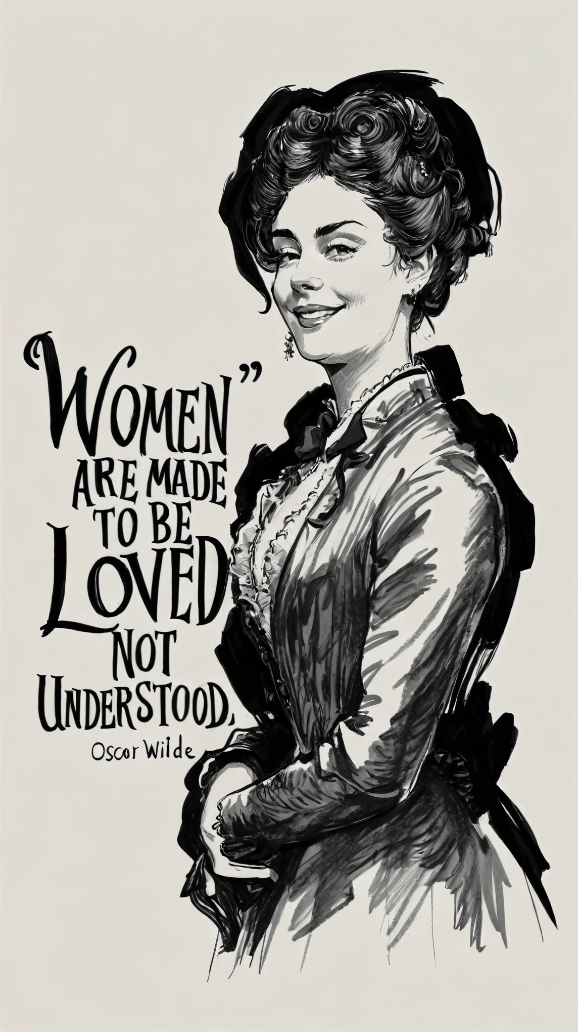 (ultra high detailed, best quality) a inked illustration of a beautiful woman with a quote on it, woman, inspired by Charles Dana Gibson, woman love smiling, inspired by William Mustart Lockhart, inspired by Olive Mudie-Cooke, lovely woman, by Olive Mudie-Cooke, a woman, femme, of a woman, wonderful, women, by Charles Dana Gibson, inspired by Elsie Few, line art, black and white, no half tones