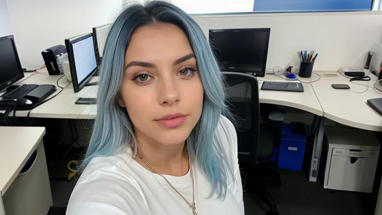 Fotografia profissional, beautiful woman with white skin and blue hair with black roots , de 24 anos , um sinal no queixo, rosto inocente detalhado, foto com qualidade, she is sitting on a chair in the office , super bem vestida, sem decotes