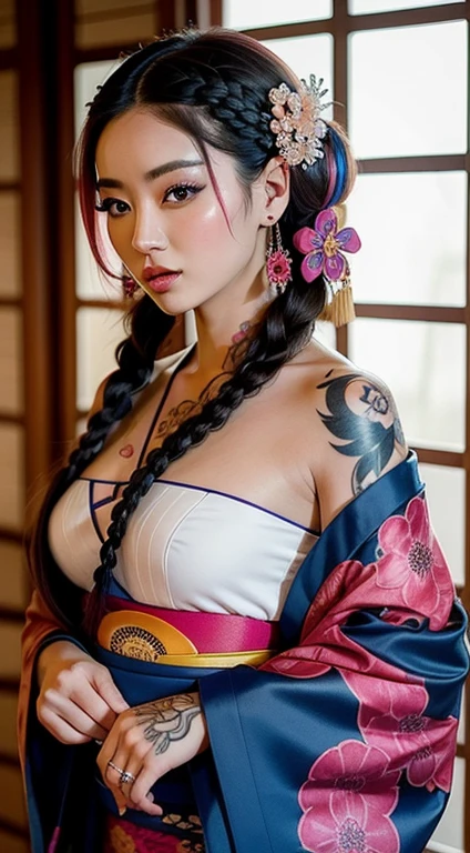 FEMME magnifique ZHANG ZI, with a fully tattooed body with very colorful patterns((she is dressed in a traditional kimono ))((her hair is styled with a long braided braid))((entire body tattooed with intense color patterns))bare shoulders