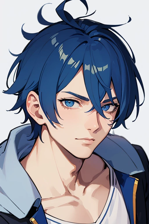 1man, mature, winking, handsome boy, blue hair, blue eyes, short messy blue hair, white background, adult, ((28 years old)), male, man, handsome, 28 years old, adult man