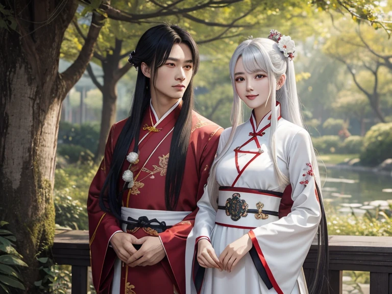 masterpiece, best quality, man and woman separated, long hair, looking at viewer, smile, bangs, hair ornament, red eyes, long sleeves, dress, standing, collarbone, white hair, grey hair, alternate costume, wide sleeves, tree, chinese clothes, hairpin, hanfu, ningguang (genshin impact), Ningguang,  