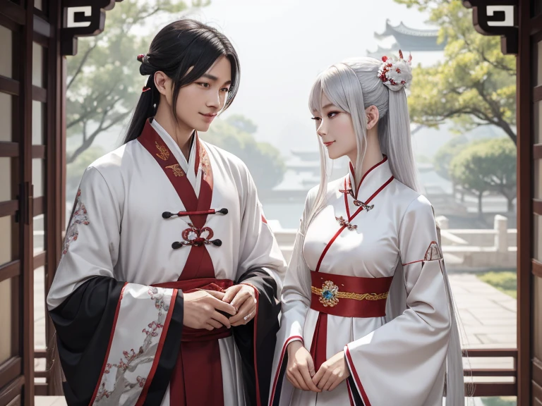 masterpiece, best quality, man and woman separated, long hair, looking at viewer, smile, bangs, hair ornament, red eyes, long sleeves, dress, standing, collarbone, white hair, grey hair, alternate costume, wide sleeves, tree, chinese clothes, hairpin, hanfu, ningguang (genshin impact), Ningguang,  