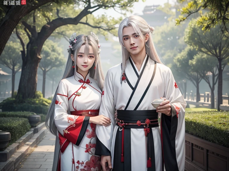 masterpiece, best quality, man and woman separated, long hair, looking at viewer, smile, bangs, hair ornament, red eyes, long sleeves, dress, standing, collarbone, white hair, grey hair, alternate costume, wide sleeves, tree, chinese clothes, hairpin, hanfu, ningguang (genshin impact), Ningguang,