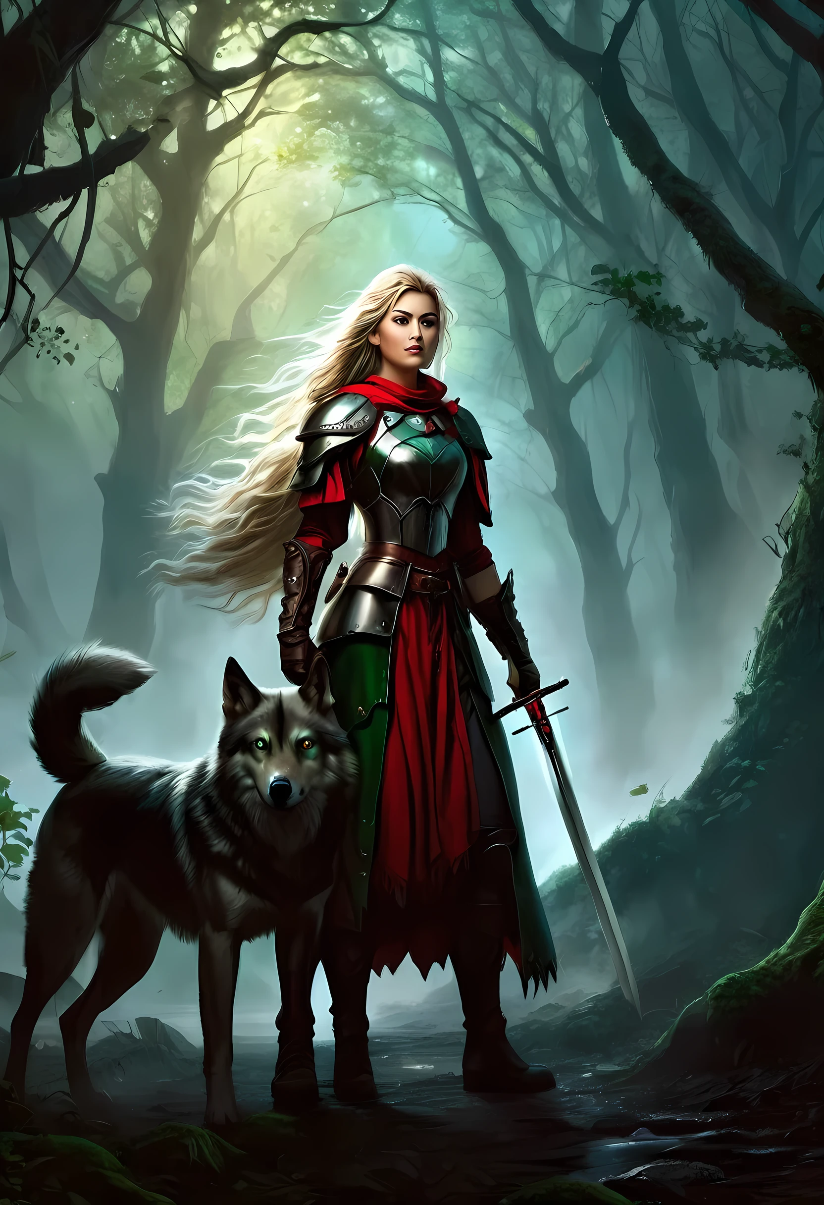 fantasy art, RPG art, Dark fantasy art, ultra wide shot, RAW, photorealistic, a picture of female human ranger and her wolf pet, the ranger, an exquisite beautiful human woman, long blond hair, braided hair, green eyes, wearing leather armor, wearing (red cloak: 1.1), armed with a (sword: 1.3), wearing laced boots, standing in a dark forest at night, (mist rising from the grounds: 1.3), a sense of dread and fear, yet she stands defiant and fearless, her wolf pet stands near her, protecting her, dark fantasy forest background, best quality, 16k, [ultra detailed], masterpiece, best quality, (ultra detailed), full body, ultra wide shot, photorealism, armored dress, FairyTaleAI