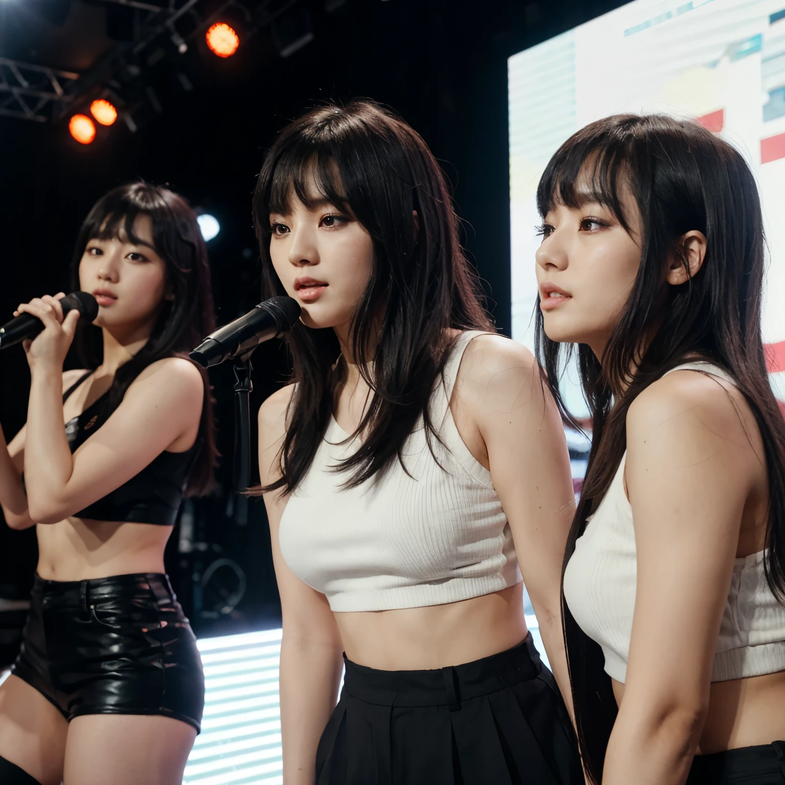 Kpop group 6 members on a stage with straight, flowing black hair and only one with short hair with bangs