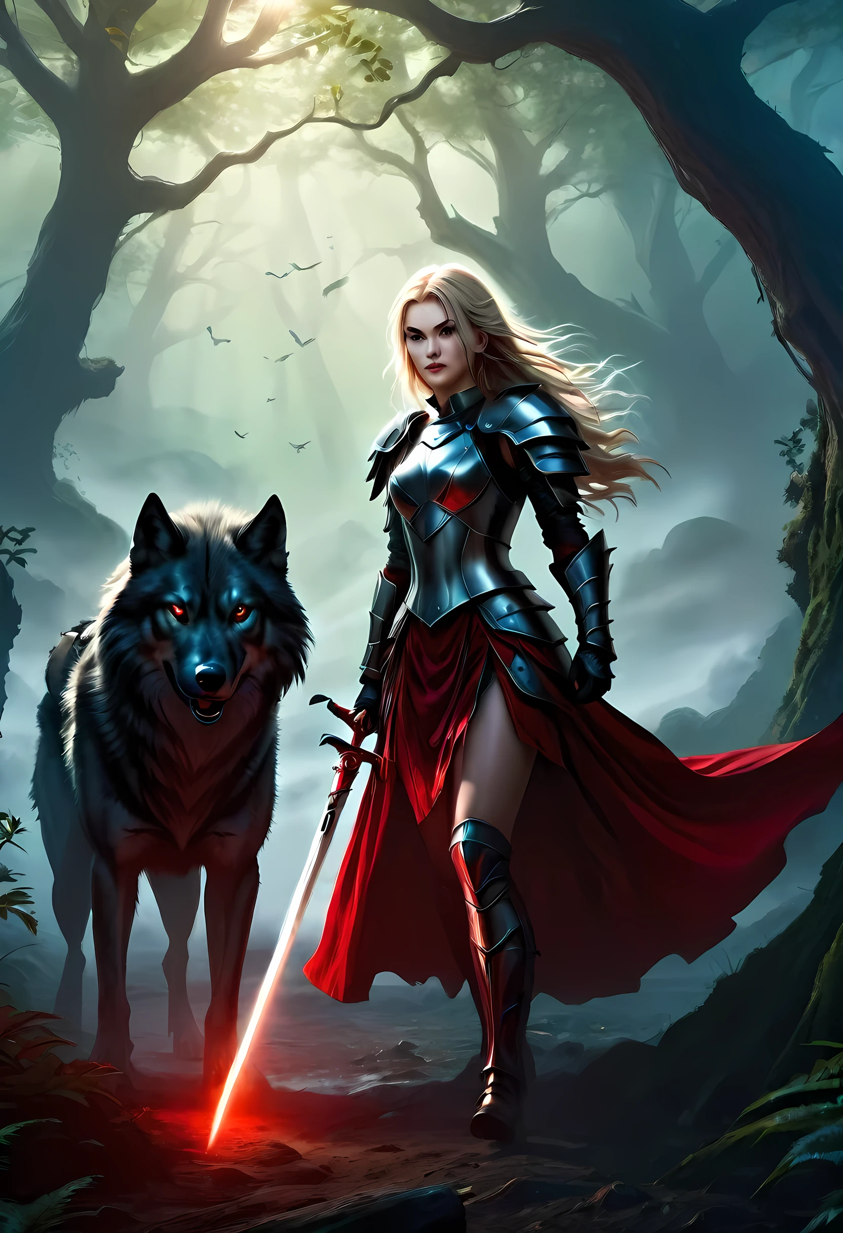 fantasy art, RPG art, Dark fantasy art, ultra wide shot, RAW, photorealistic, a picture of female human ranger and her wolf pet, the ranger, an exquisite beautiful human woman, long blond hair, braided hair, green eyes, wearing leather armor, wearing (red cloak: 1.1), armed with a (sword: 1.3), wearing laced boots, standing in a dark forest at night, (mist rising from the grounds: 1.3), a sense of dread and fear, yet she stands defiant and fearless, her wolf pet stands near her, protecting her, dark fantasy forest background, best quality, 16k, [ultra detailed], masterpiece, best quality, (ultra detailed), full body, ultra wide shot, photorealism, armored dress, FairyTaleAI