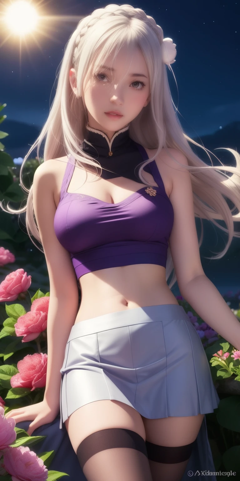 Emilia re:zero, Emilia, realistic, 1girl, white hair, purple eyes, glowing eyes, crown braid, medium breasts, hair ornament, x hair ornament, flower hair ornament, crop top, skirt, parted lips, blush, night, flowers, sun, sunlight,