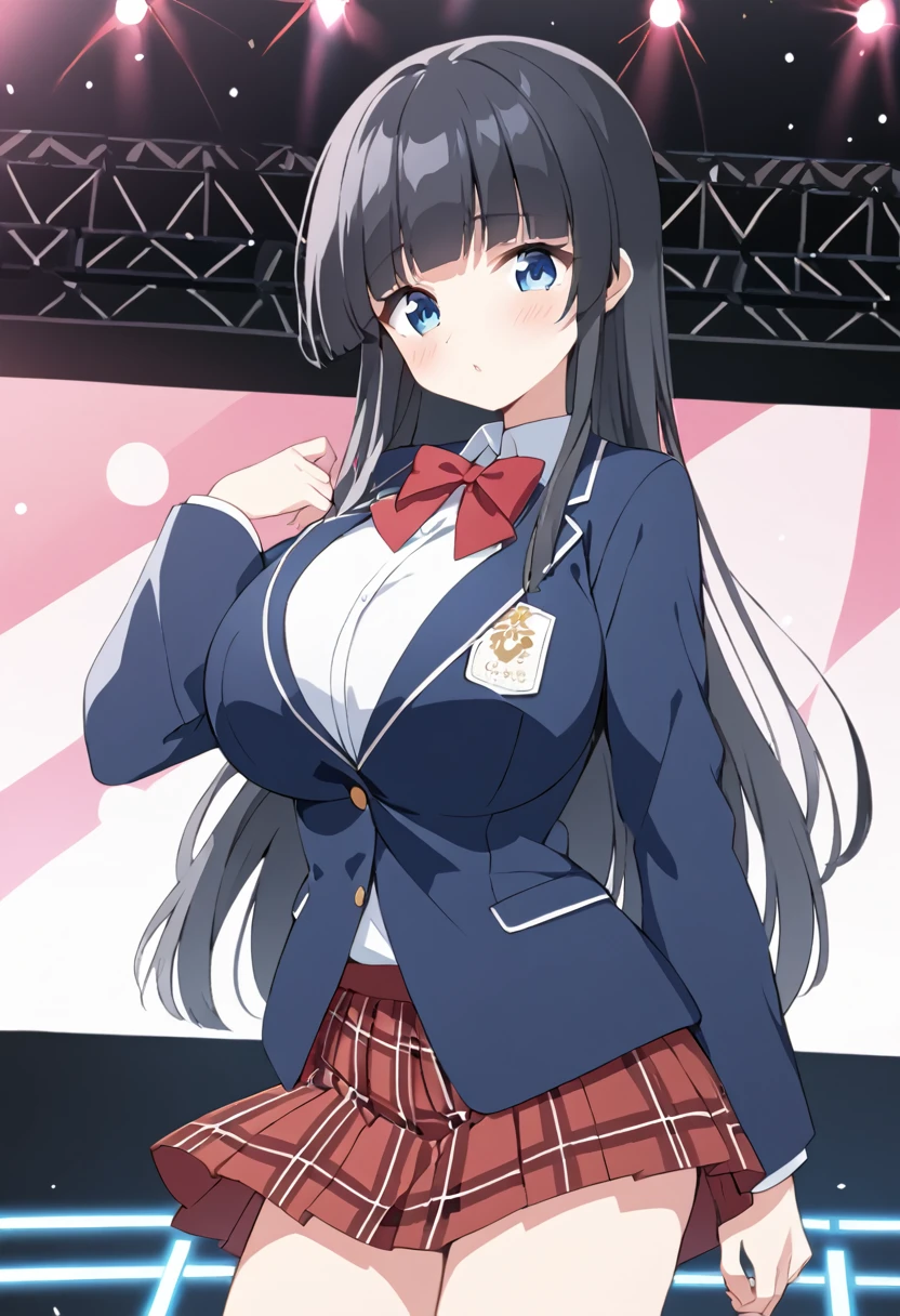 coco, Long Hair, blue eyes, Black Hair, bangs, blunt bangs, Side Lock,,　Live Stage, Big Breasts, blue jacket, blazer, red bowtie, white shirt, red skirt, plaid skirt, school uniform　alone