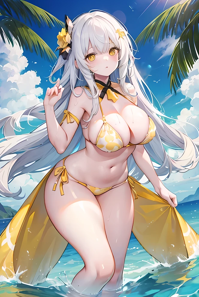 1girl, long white hair, yellow eyes, wearing tight yellow bikini, beach, curvy figure, large breasts, I-cup, feet in the water, ultrasharp, high res, masterpiece, looking at viewer