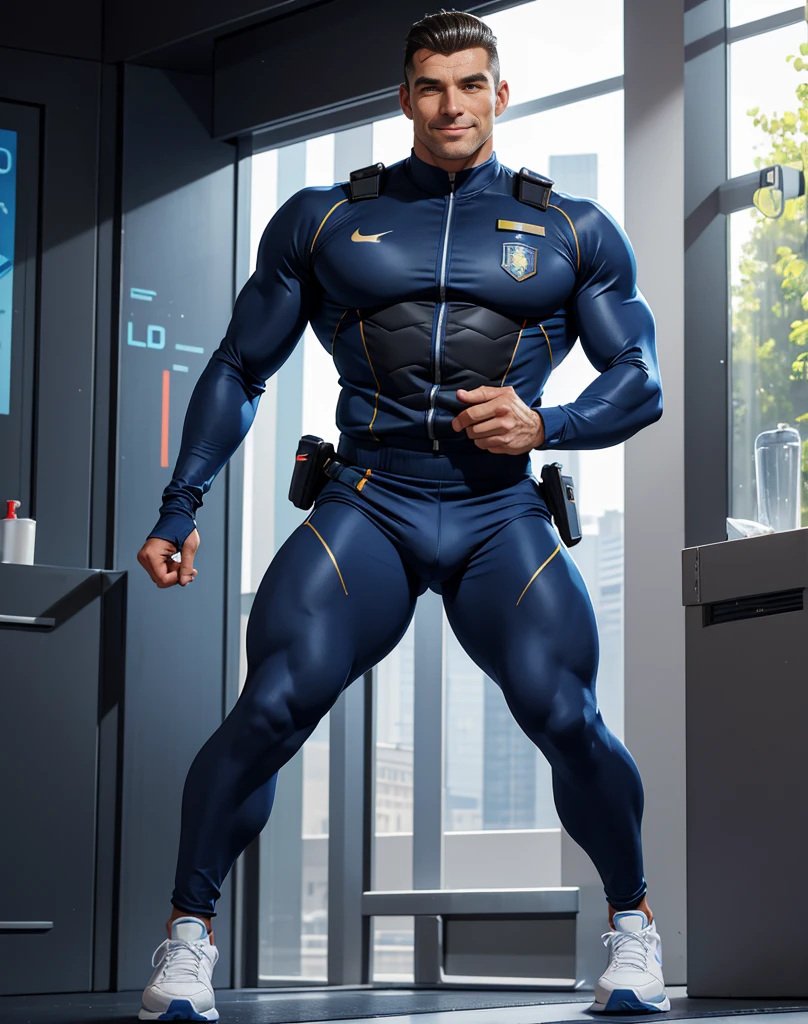 An European hunk man wearing futuristic police uniform and sports Nike sneakers, he is an alluring 40yo man ，Smiling，Standing whole body，full-body shot, massive long bulge, virile older masculinity, muscled chest，Sunny and handsome，Exercise and fitness ，front Photo，Unworn hands, slim waist, large chest.
