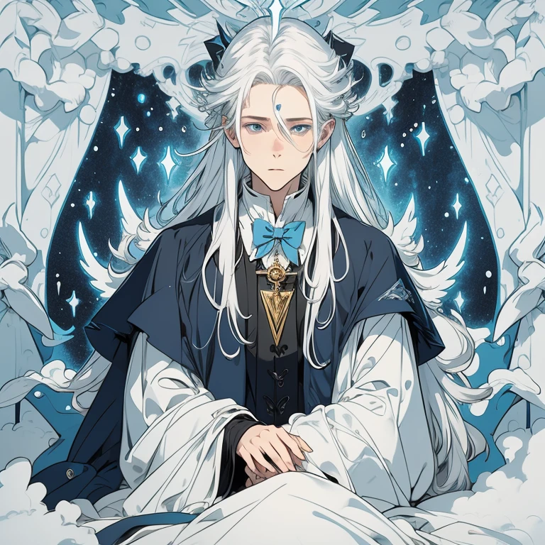 man, wizard clothing, magician, white hair, long hair, blue eyes, delicate appearance.
