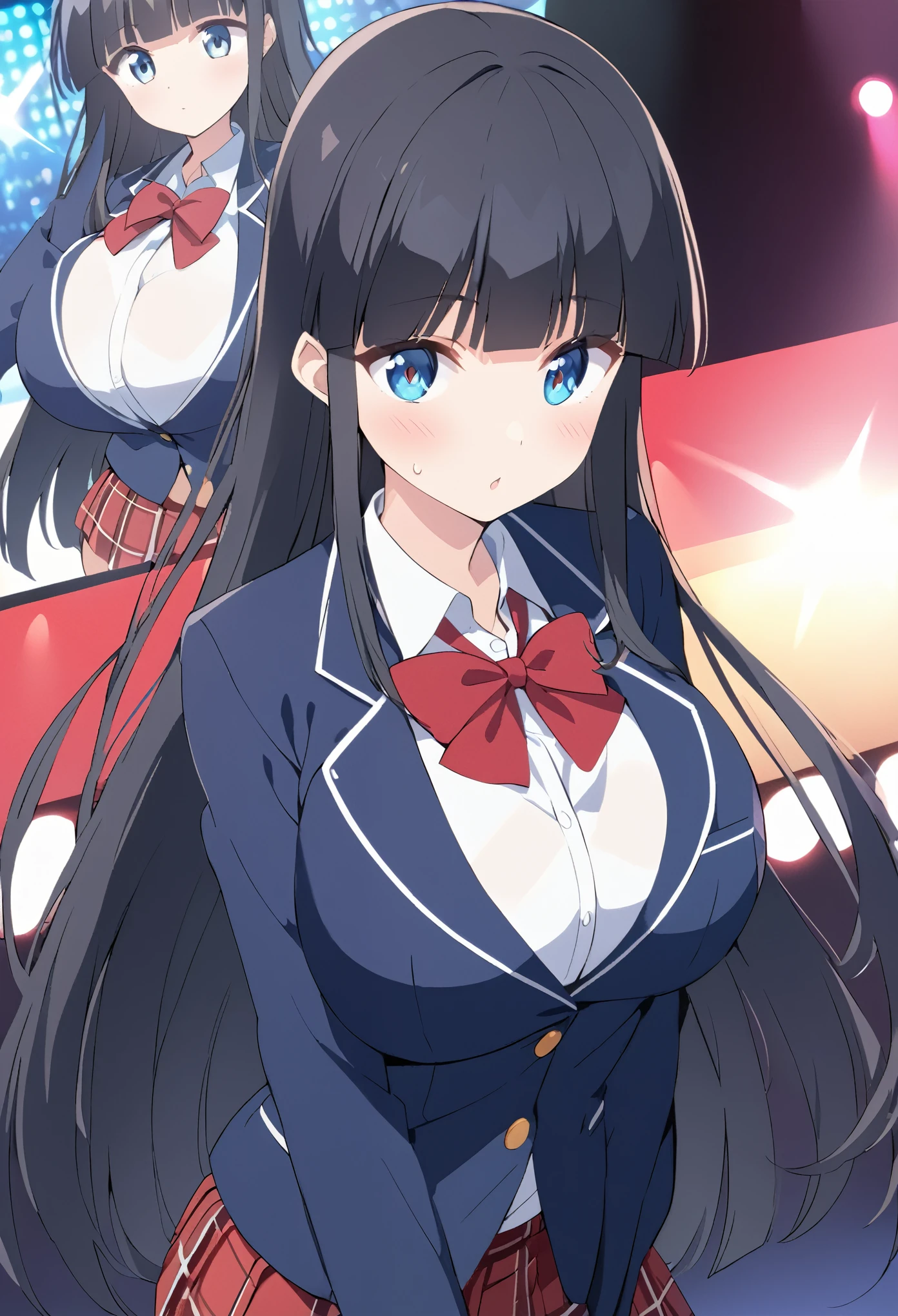 coco, Long Hair, blue eyes, Black Hair, bangs, blunt bangs, Side Lock,,　Live Stage, Big Breasts, blue jacket, blazer, red bowtie, white shirt, red skirt, plaid skirt, school uniform　alone