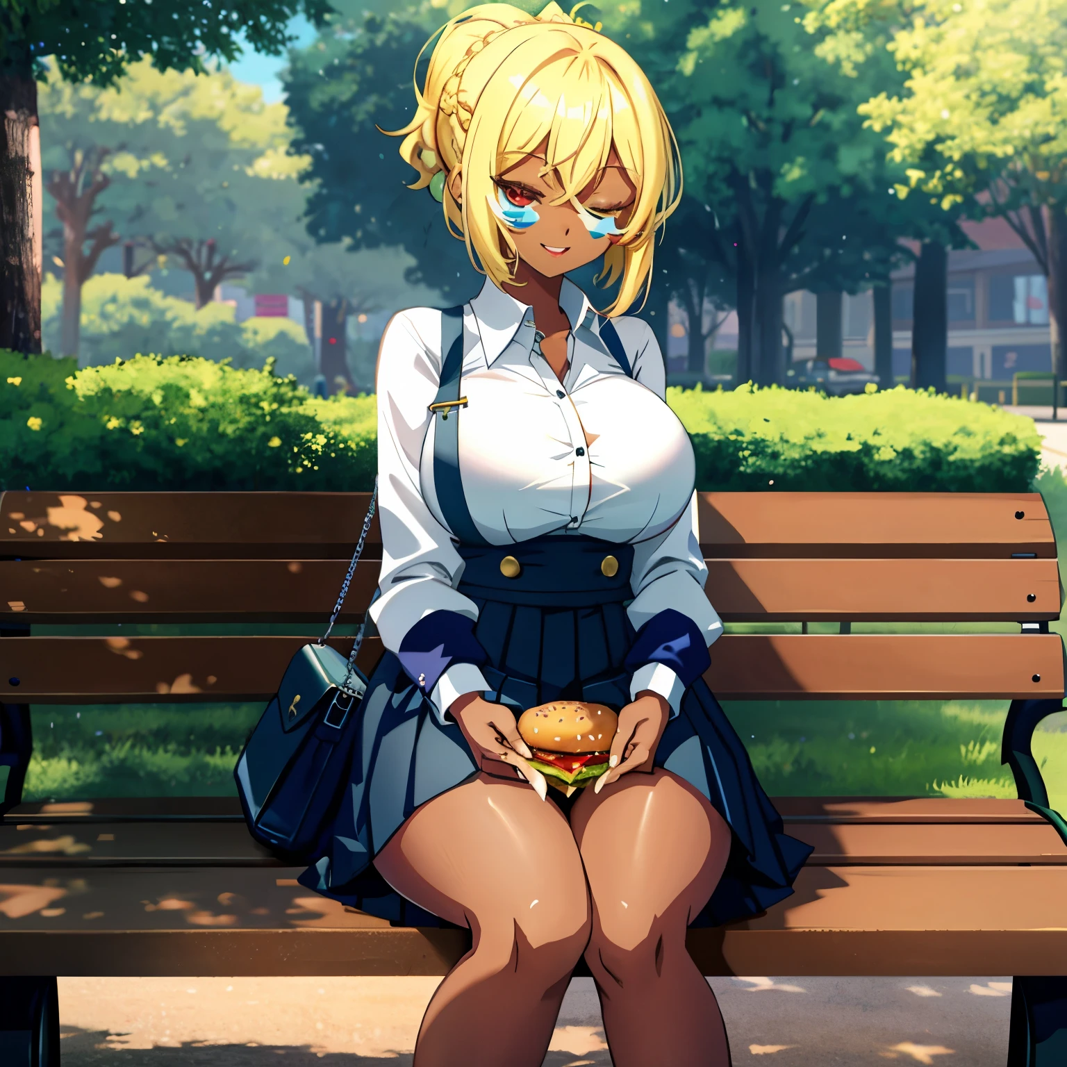 (masterpiece, best quality), 1girl, sitting on park bench, (burger and coffee on bench:1.4), knees together apart feet, (sideways glance:1.3),
smile, (half-closed eyes:1.1), open mouth,
BREAK girl, 10yo, , huge breasts, (blonde hair, (short hair):1.3), pixie cut, red eyes, (dark skin:1.4), heart neckless,
BREAK , (shirt tucked in, white collared shirt:1.3), button gap, sleeves rolled up, bracelet,
BREAK cleavage
BREAK black pleated skirt, miniskirt, black socks, loafers,

BREAK city park, tree, lunchtime, (sunlight filtering through the foliage:1.2), 　BRAKE
Resolution: 8K digital art, anime art wallpaper 8K BRAKE
Quality: Ultra quality, ultra quality and detailed art BRAKE
Image quality: Ultra definition, ultra definition beauty, ultra definition illustration, ultra definition animation, ultra definition short full body portrait, pixiv digital art BRAKE
Style (judged by theme, overall pronto): white anime Barbie, biomechanical, anime moe art style, dress, desktop background, biomechanical big breasts, "Fate/Stay Night", "Fate/Grand Order" BRAKE
Hairstyle and color (determined by theme and overall pronto): Choose one main style from 5 styles (long hair, ponytail, twin tails, bob cut, long braid) and combine all the remaining 4 hairstyles to create an original hairstyle. please. You can choose the main hair color from gold, blue, or green, and add the remaining two colors as a gradation color. 　BRAKE
Colors: green, blue, and gold (added to important elements of the theme), light blue, yellow, silver, crimson (added to other than important elements of the theme) BRAKE
Body type and complexion: voluptuous, sleek, stylish body, cleavage (between breasts), erection of nipple, hanging breasts, armpits, bare shoulders, breasts, caustics, collarbones, huge breasts, sagging breasts, moles, skin depressions, stomach , thighs, moistwith