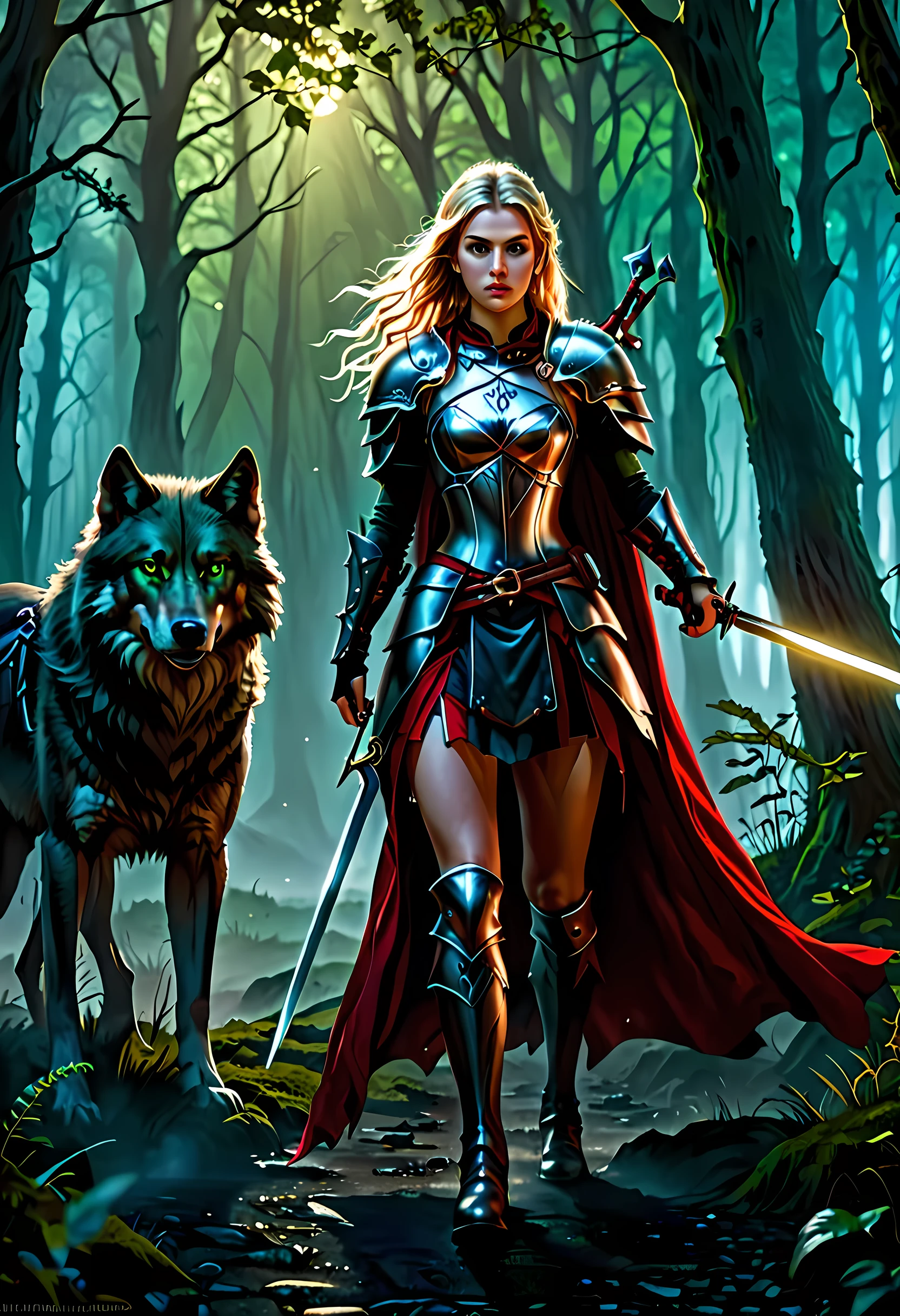 fantasy art, RPG art, Dark fantasy art, ultra wide shot, RAW, photorealistic, a picture of female human ranger and her wolf pet, the ranger, an exquisite beautiful human woman, long blond hair, braided hair, green eyes, wearing leather armor, wearing (red cloak: 1.1), armed with a (sword: 1.3), wearing laced boots, standing in a dark forest at night, (mist rising from the grounds: 1.3), a sense of dread and fear, yet she stands defiant and fearless, her wolf pet stands near her, protecting her, dark fantasy forest background, best quality, 16k, [ultra detailed], masterpiece, best quality, (ultra detailed), full body, ultra wide shot, photorealism, armored dress, FairyTaleAI