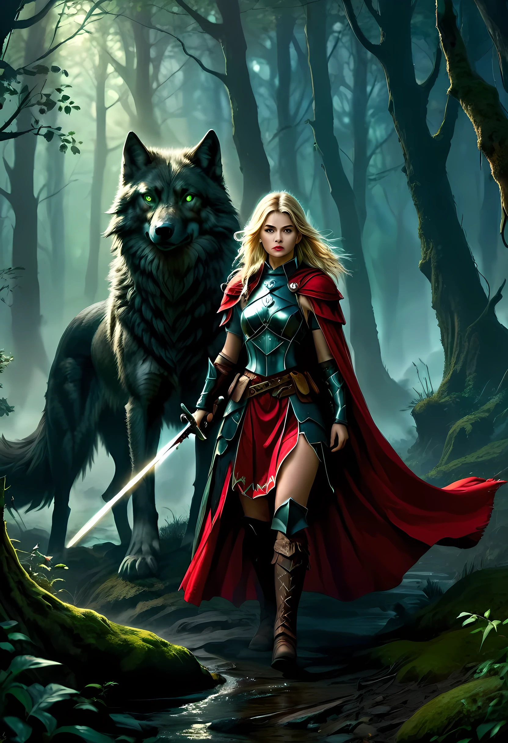 fantasy art, RPG art, Dark fantasy art, ultra wide shot, RAW, photorealistic, a picture of female human ranger and her wolf pet, the ranger, an exquisite beautiful human woman, long blond hair, braided hair, green eyes, wearing leather armor, wearing (red cloak: 1.1), armed with a (sword: 1.3), wearing laced boots, standing in a dark forest at night, (mist rising from the grounds: 1.3), a sense of dread and fear, yet she stands defiant and fearless, her wolf pet stands near her, protecting her, dark fantasy forest background, best quality, 16k, [ultra detailed], masterpiece, best quality, (ultra detailed), full body, ultra wide shot, photorealism, armored dress, FairyTaleAI