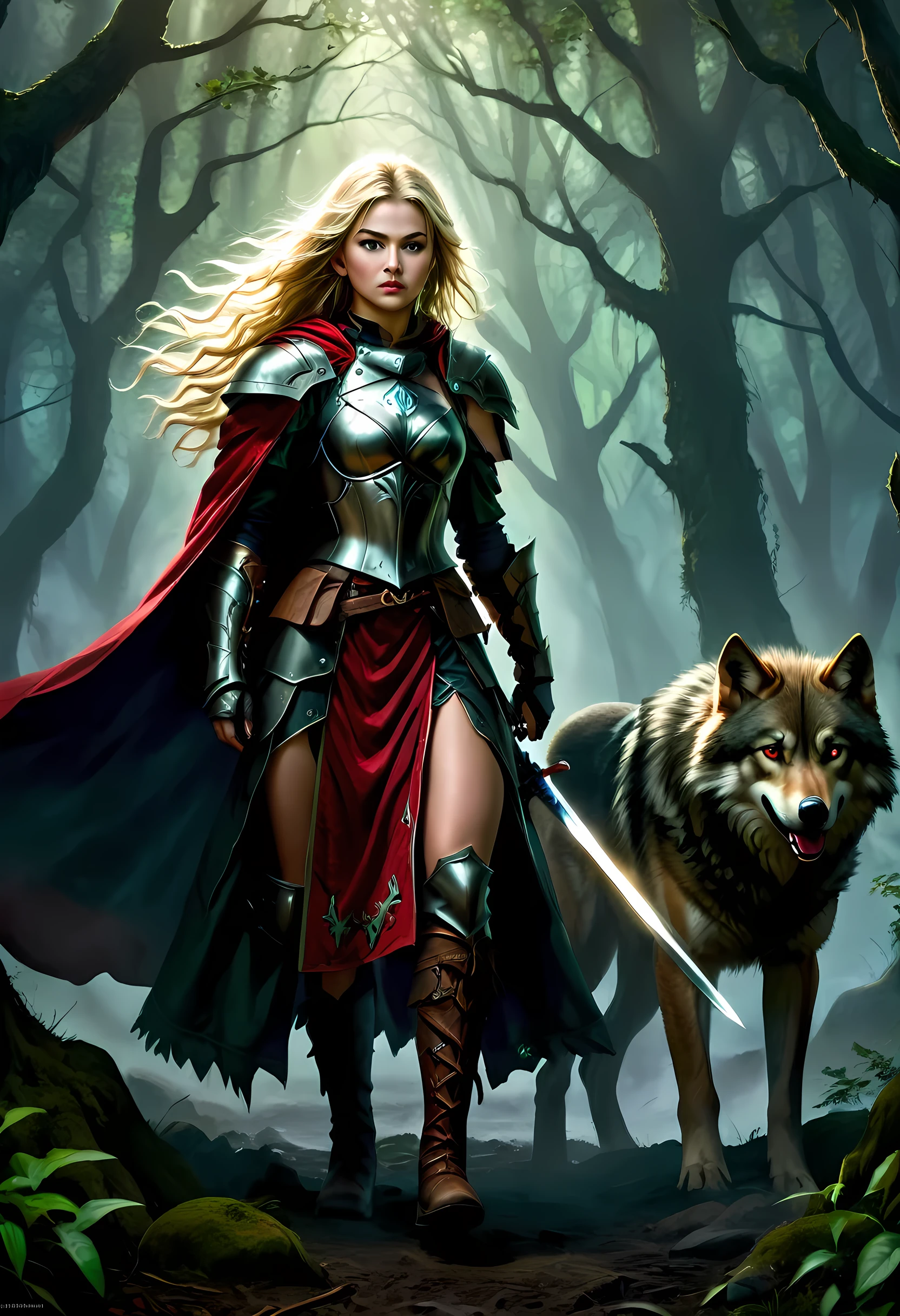 fantasy art, RPG art, Dark fantasy art, ultra wide shot, RAW, photorealistic, a picture of female human ranger and her wolf pet, the ranger, an exquisite beautiful human woman, long blond hair, braided hair, green eyes, wearing leather armor, wearing (red cloak: 1.1), armed with a (sword: 1.3), wearing laced boots, standing in a dark forest at night, (mist rising from the grounds: 1.3), a sense of dread and fear, yet she stands defiant and fearless, her wolf pet stands near her, protecting her, dark fantasy forest background, best quality, 16k, [ultra detailed], masterpiece, best quality, (ultra detailed), full body, ultra wide shot, photorealism, armored dress, FairyTaleAI