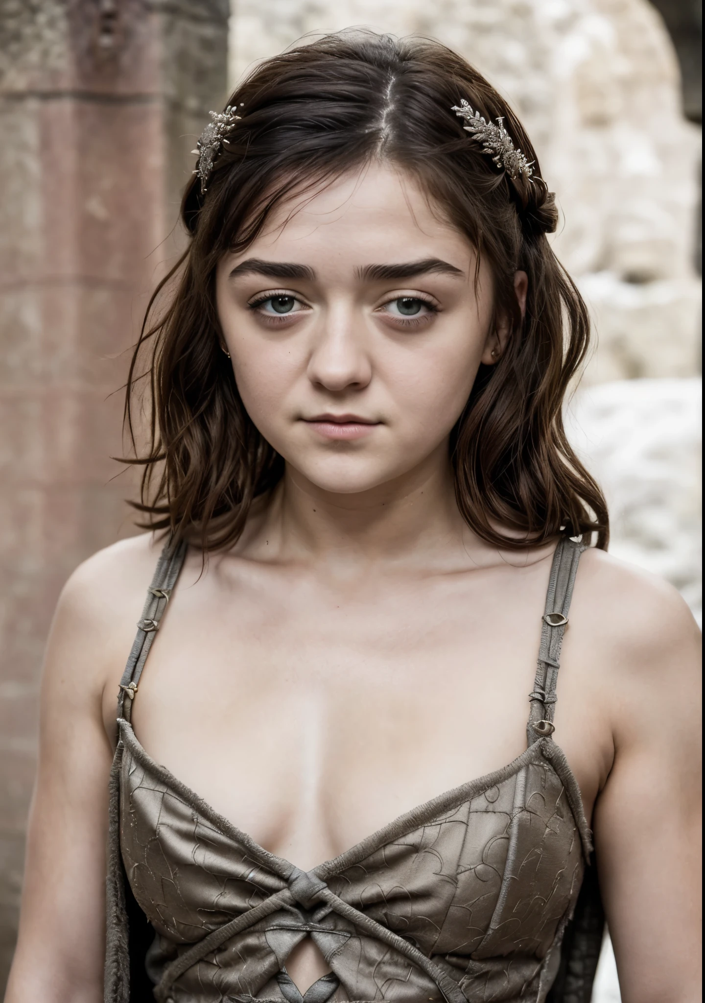 Foto RAW, RAW photograph of Maisie Williams, Arya Stark, Extremely gorgeous lady, Arya Stark PLAYED BY MAISIE WILLIAMS, Queen Arya Stark, she  a mature woman now, milf, sexy mediaeval battle dress, gladiator woman, body, 40 years old Woman,styled hair, fantasy movie character, body revealing costumes, perky breast, skin pores, big natural breast, erotic costumes, lusty physique, seductive figure can capture every people's attention, Game of thrones costumes, revealing captivating figure, Mediaeval costumes, revealing clothes, A tomboy, she would rather fence than dance, warrior queen , game of thrones screen caps, Game of Thrones Series, (pele altamente detalhada: 1.2), 8k UHD, DSLR, soft-lighting, alta qualidade, grain of film, Fujifilm XT3, flawless picture, highly detailed, detailed Beauty, intricate, 32k, sharp picture,