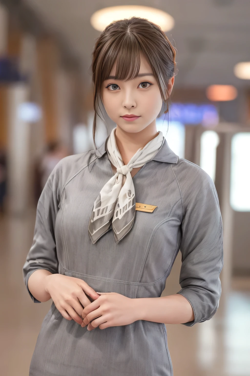(masterpiece:1.2、highest quality:1.2)、32K HDR、High resolution、(alone、1 girl、Slim figure)、(Realistic style with Starlux Airlines uniform)、 (In the airport lounge, Professional Lighting)、A proper woman, Beautiful Face,、(Starlux Airlines silver uniform:1.4)、(Starlux Airlines silver uniform with short sleeves)、(scarf on chest)、Big Breasts、(Long hair updo、Chignon)、Dark brown hair、Long Shot、((Fine hand:2.0))、((Harmonious body proportions:1.5))、((Normal limbs:2.0))、((Normal finger:2.0))、((Delicate eyes:2.0))、((Normal eyes:2.0)))、Beautiful standing posture