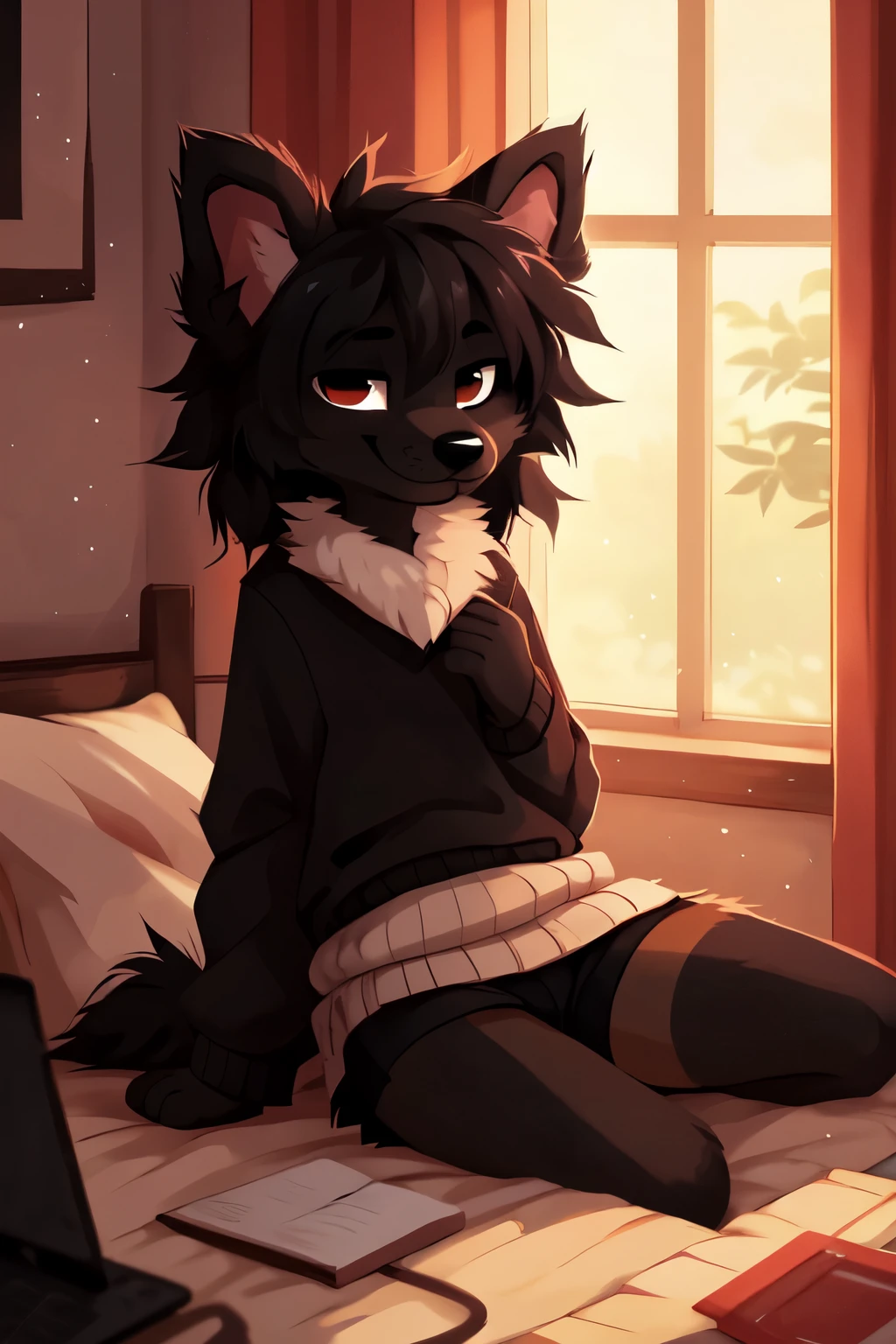  ((by reysi)),  Best quality, super detailed illustration, warm colors, Ideal lighting, (Fluffy boy dog:1.6), (Black fur:1.5), disheveled thick hair, short shorts, long black stockings, black long sleeve sweater, in a cosy room, smug smile, tricky glance , Femboy, slim, perfect body,