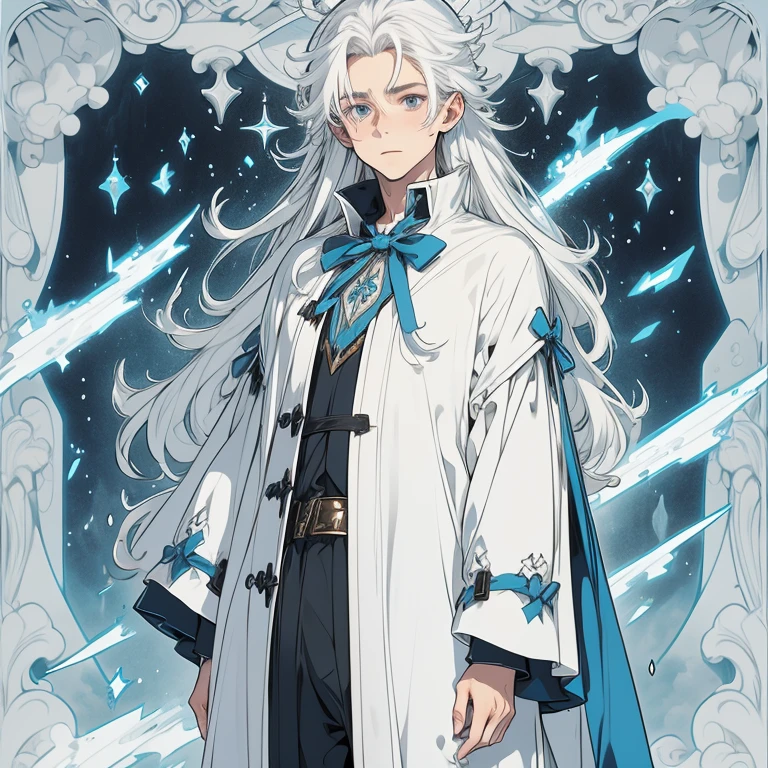 boy, wizard clothing, magician, white hair, long hair, blue eyes, delicate appearance.