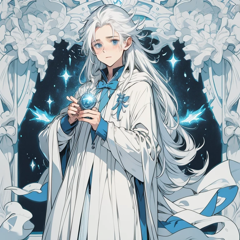 boy, wizard clothing, magician, white hair, long hair, blue eyes, delicate appearance.