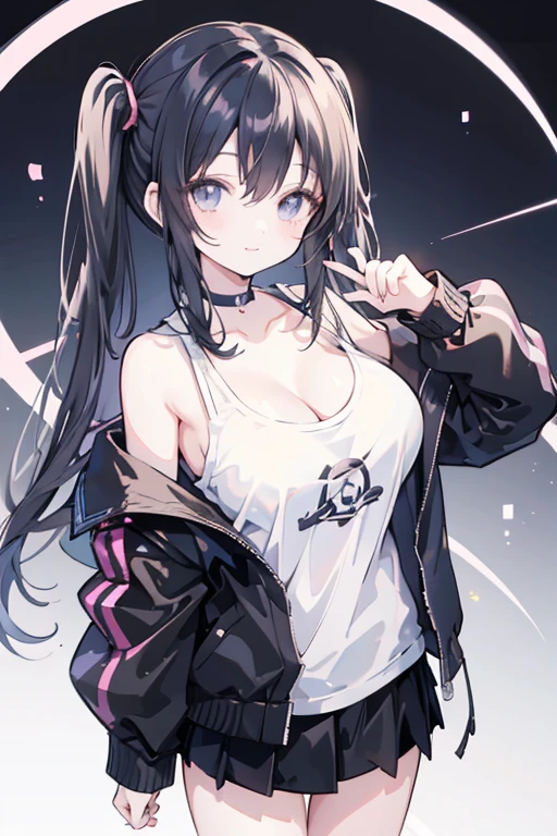 masterpiece,anime style,chibi,sexy girl,black hair,shoulder length hair with two pigtails,black jacket,with headphones,lo fi background,smiling,big breasts,listening to music,waiting on the right side of the image,showing cleavage,full body,standing,black t-shirt,