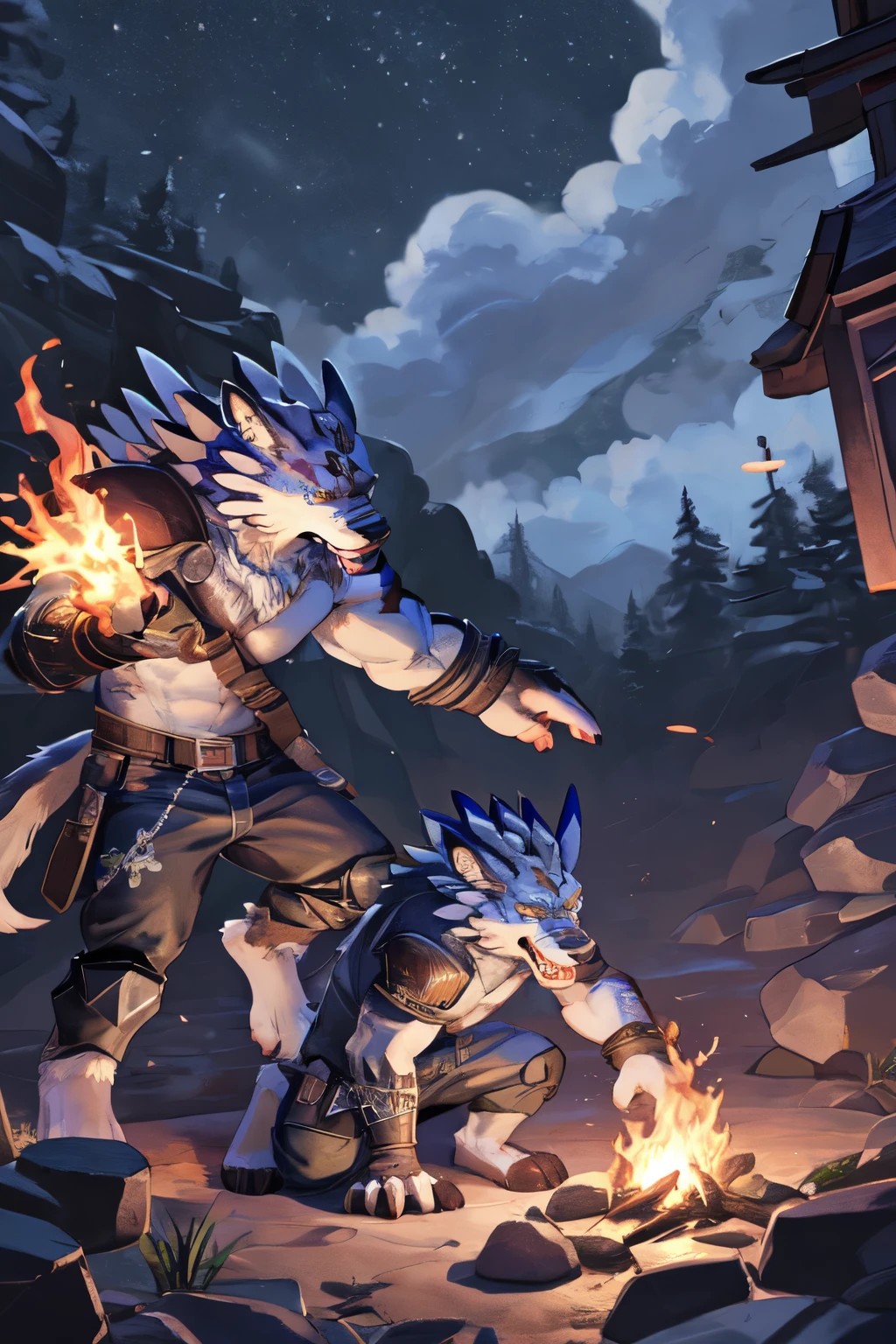 ((best quality)), ((masterpiece)), (detailed), ((2 characters)), weregarurumon giant in battle, playing with fire