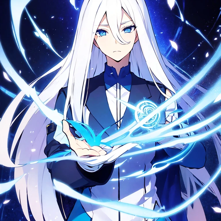 man, magician, white hair, long hair, blue eyes, delicate appearance.