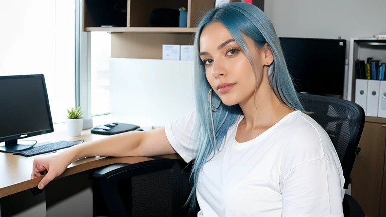 Fotografia profissional, beautiful woman with white skin and blue hair with black roots , de 24 anos , um sinal no queixo, rosto inocente detalhado, foto com qualidade, she is sitting on a chair in the office , super bem vestida, sem decotes