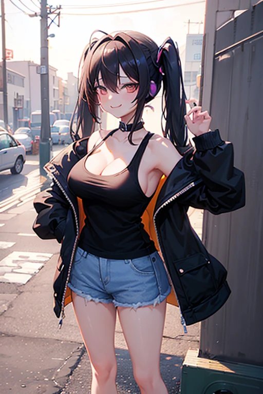 masterpiece,anime style,chibi,sexy girl,black hair,shoulder length hair with two pigtails,black jacket,with headphones,lo fi background,smiling,big breasts,listening to music,waiting on the right side of the image,showing cleavage,full body,standing,black t-shirt,