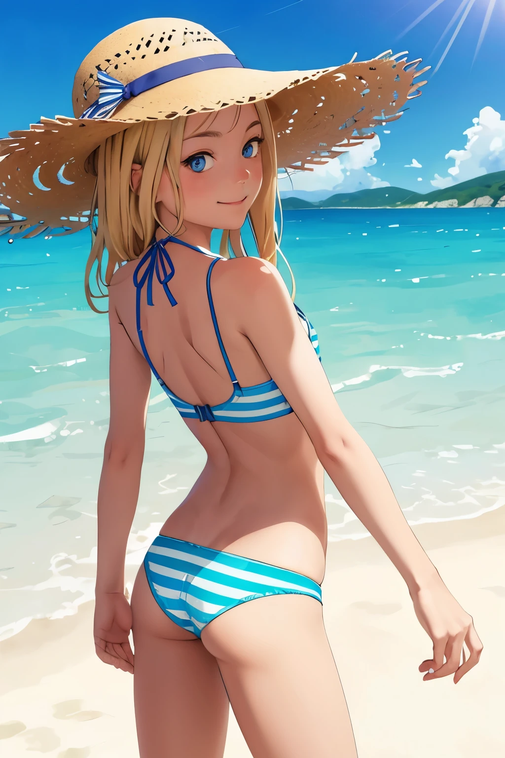 (Superflat, Flat Shading, Flat Color:1.1), (Seaside), One girl, a bit, ************, slim, Flat Chest, (Sunburned skin:0.6), Long blonde hair, blue eyes, (striped panties), topless, Straw hat, From behind, end, Lean forward, Bend Back, look back, smile, Wind, blue sky, Bright sunlight, Best Shadow, watercolor,