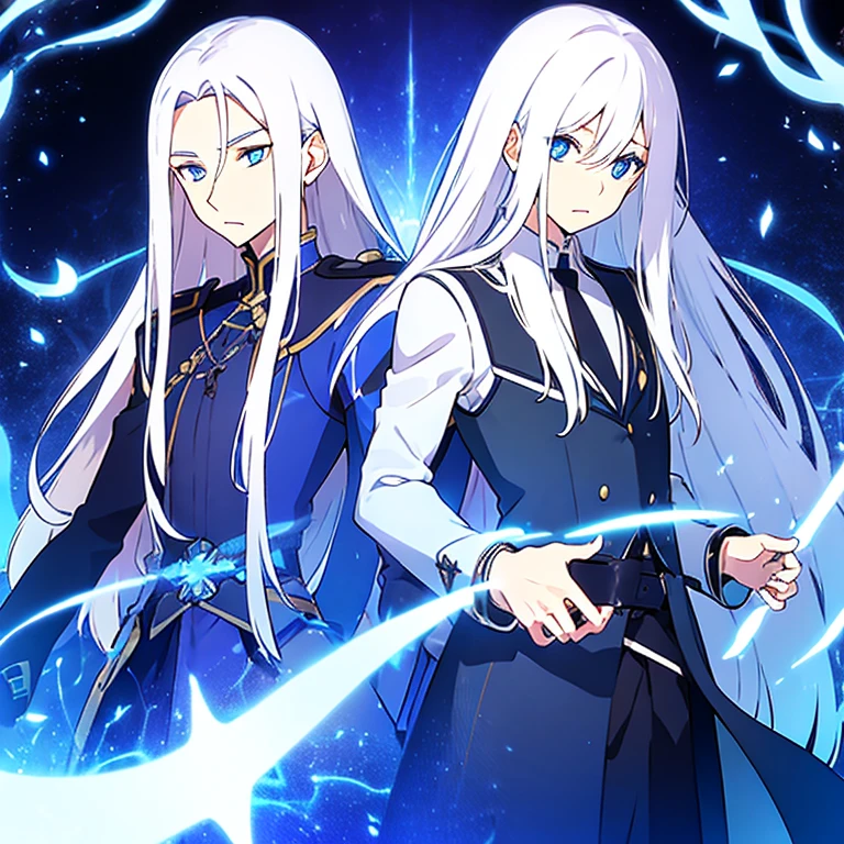 man, wizard clothing, magician, white hair, long hair, blue eyes, delicate appearance.