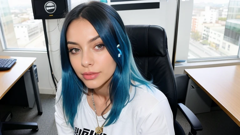 Fotografia profissional, beautiful woman with white skin and blue hair with black roots , de 24 anos , um sinal no queixo, rosto inocente detalhado, foto com qualidade, she is sitting on a chair in the office , super bem vestida, sem decotes