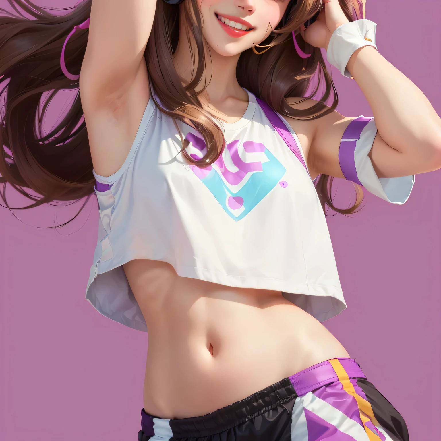 1girl, solo, long hair, smile, simple background, brown hair, upper body, detached sleeves, teeth, midriff, armpits, arms up, lips, crop top, headphones, pink background, lipstick, purple background, red lips, 