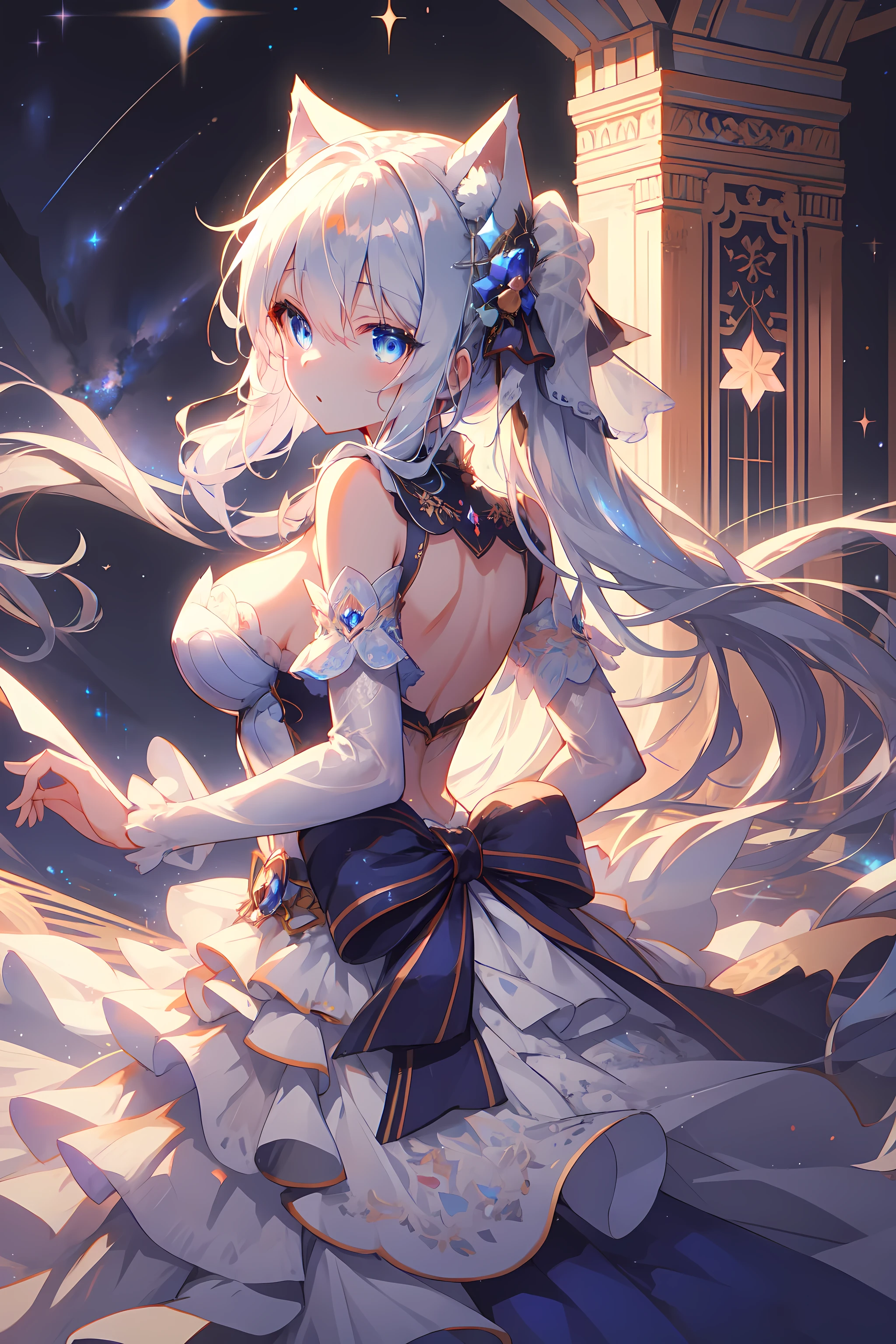 ((highest quality)), ((masterpiece)), (detailed), Perfect Face ,masterpiece, best quality, extremely detailed, anime, girl, blue eyes, silver hair, 8K, 4K,twintail,colorful,Wedding dress,big breast,expressive eyes,perfect face, moe, kawaii,cute,dress,diamond shaped eyes, eye focus, spectacular view,kemomimi, back view, look back,starry sky