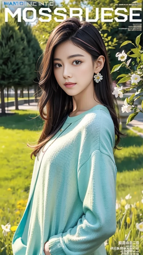 masterpiece, best quality, spring outfit, colorful hair, outdoor, magazine cover ,upper body,