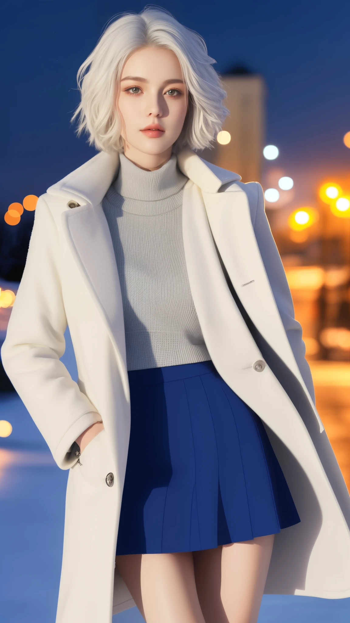 Best quality, masterpiece, ultra high res, (photorealistic:1.4), 1girl, short white hair, white coat, blue short skirt, siberia, city street, snown, night!, gentle, looking at viewer, close-up, portrait