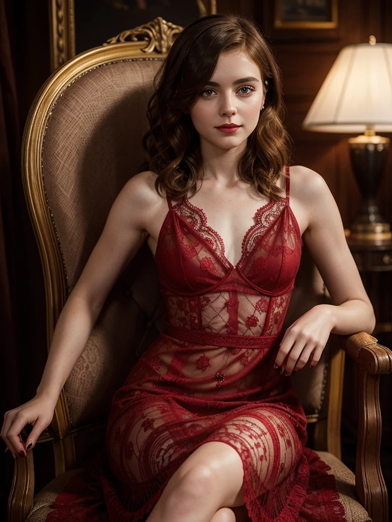 Sophia Lillis, slim woman, long wavy hair, photo quality, eye shadow and lipstick, portrait poses, sits on an antique chair to make a sophisticated portrait, dressed in a red lace dress, the whole figure is visible