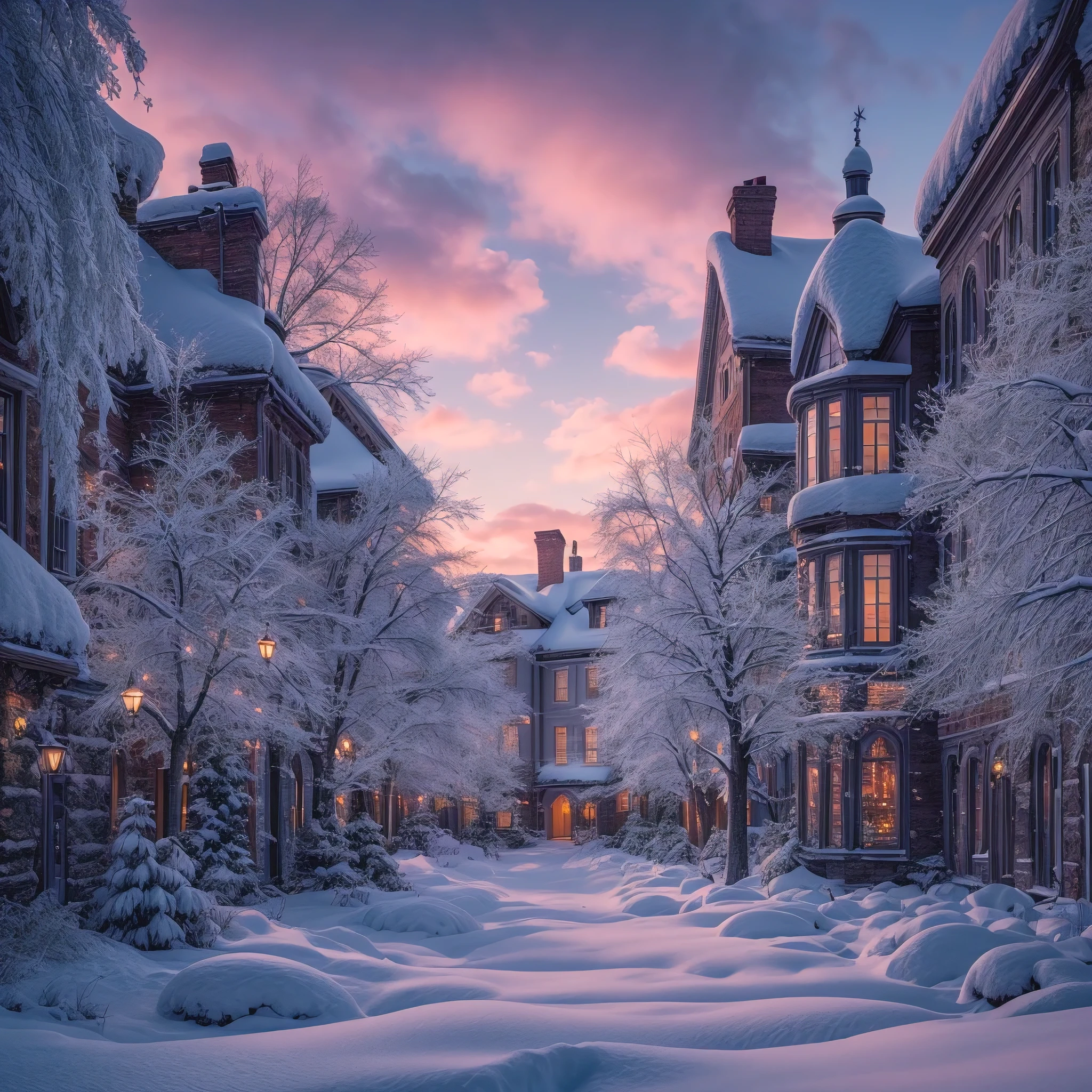 A stunning, ultra-detailed, and photorealistic winter wonderland scene, showcasing the beauty of nature in its most pristine form. Snow blankets the ground, transforming trees and buildings into enchanting, frosty sculptures. The buildings, adorned with twinkling lights and snow-covered rooftops, exude a warm and inviting atmosphere. The sky, a breathtaking canvas of pink and purple hues, is gently kissed by the soft glow of the setting sun. The overall ambiance is serene and magical, transporting the viewer to a world of snowy enchantment.