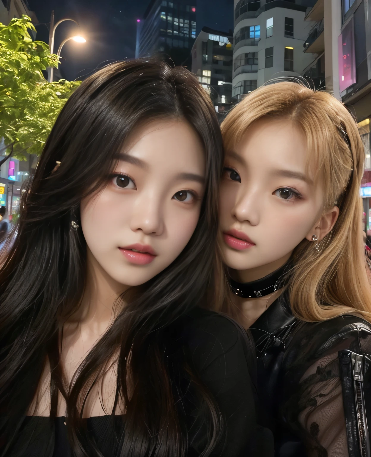 two women posing for a picture in the city at night, roseanne park of blackpink, kda and sam yang, nixeu and sakimichan, jossi of blackpink, with black, blackpink, blackpink jennie, jinyoung shin, portrait of jossi of blackpink, ulzzang, with ivy, kda, twice, lalisa manoban of blackpink