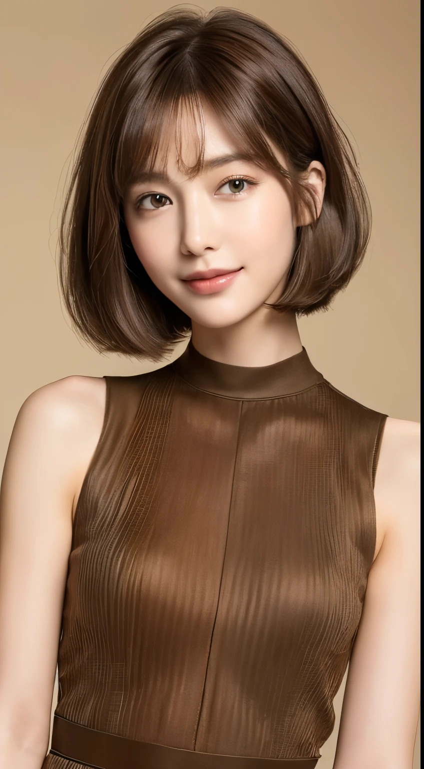 ((Best Quality, 8K, Masterpiece: 1.3)), 1 Girl, Slim Abs Beauty: 1.3, (Hairstyle Brown Hair Shortcut, Big: 1.2), Dress: 1.1, Super Slender Face, Delicate Eyes, Double Eyelids, Smile, Home, Raw Photo