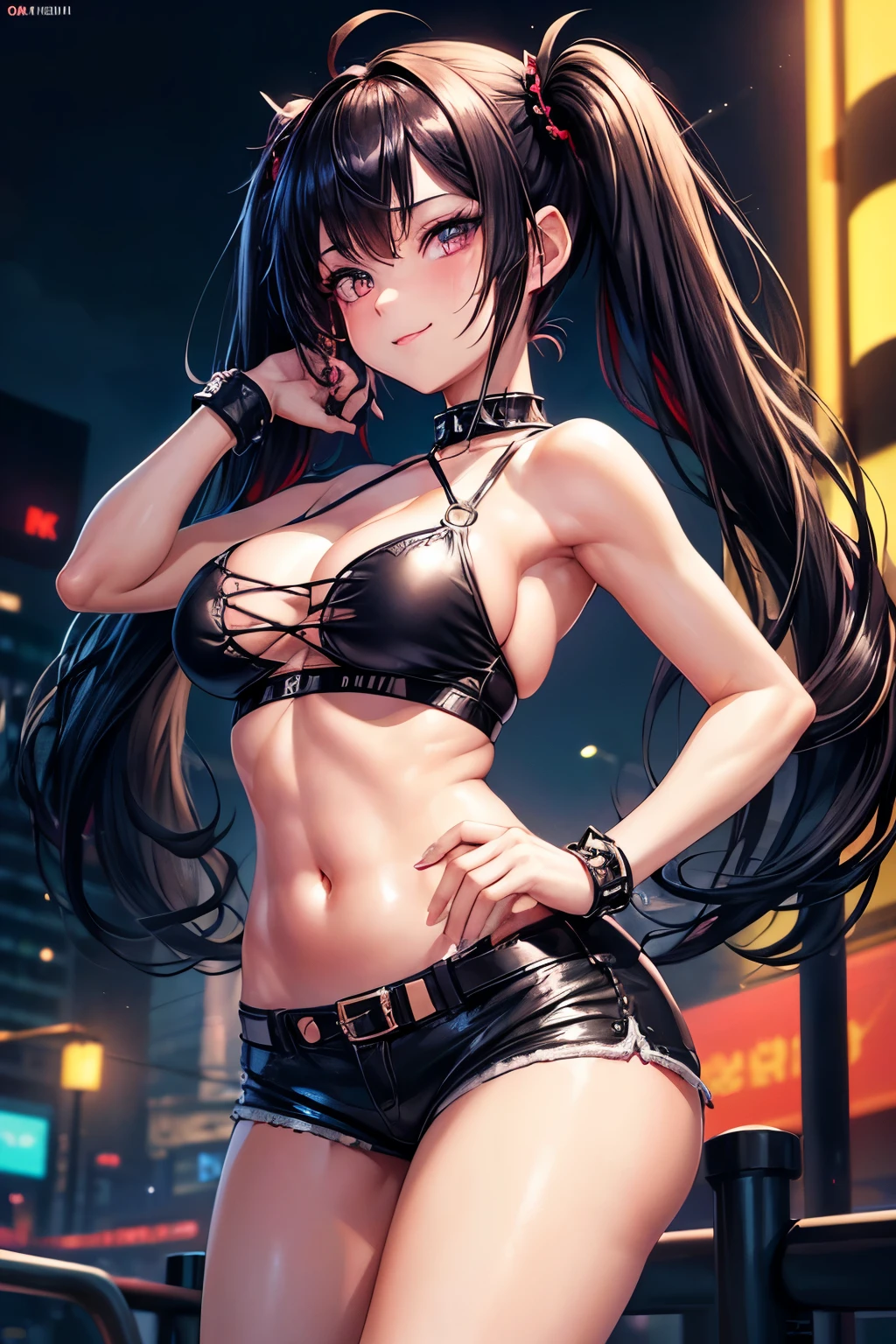 2D, 8k wallpaper, extremely detailed CG unit, ​masterpiece, hight resolution, top-quality, (real texture skin), RAW photos, highly detailed, female, cute, (kawaii:1.1), smile, (floating messy hair), (black long hair), (twin tails hair:1.2), pale skin, (skin color blue), (red shiny eyes:1.2), big eyes, (ripped clothe:1.2), (tight tube top), (tight hot short pants:1.2), (cute pose), (exposed stomach), (punk fashion:1.2), (future city background:1.1), (outside), (backstreet), (dark at night:1.1), (neon lights:1.2), [chibi:1.3], (detailed face and eyes:1.2), (medium breasts:1.2), (busty), (deep cleavage:1.2), (labia outline:1.3), (hard teat:1.3).