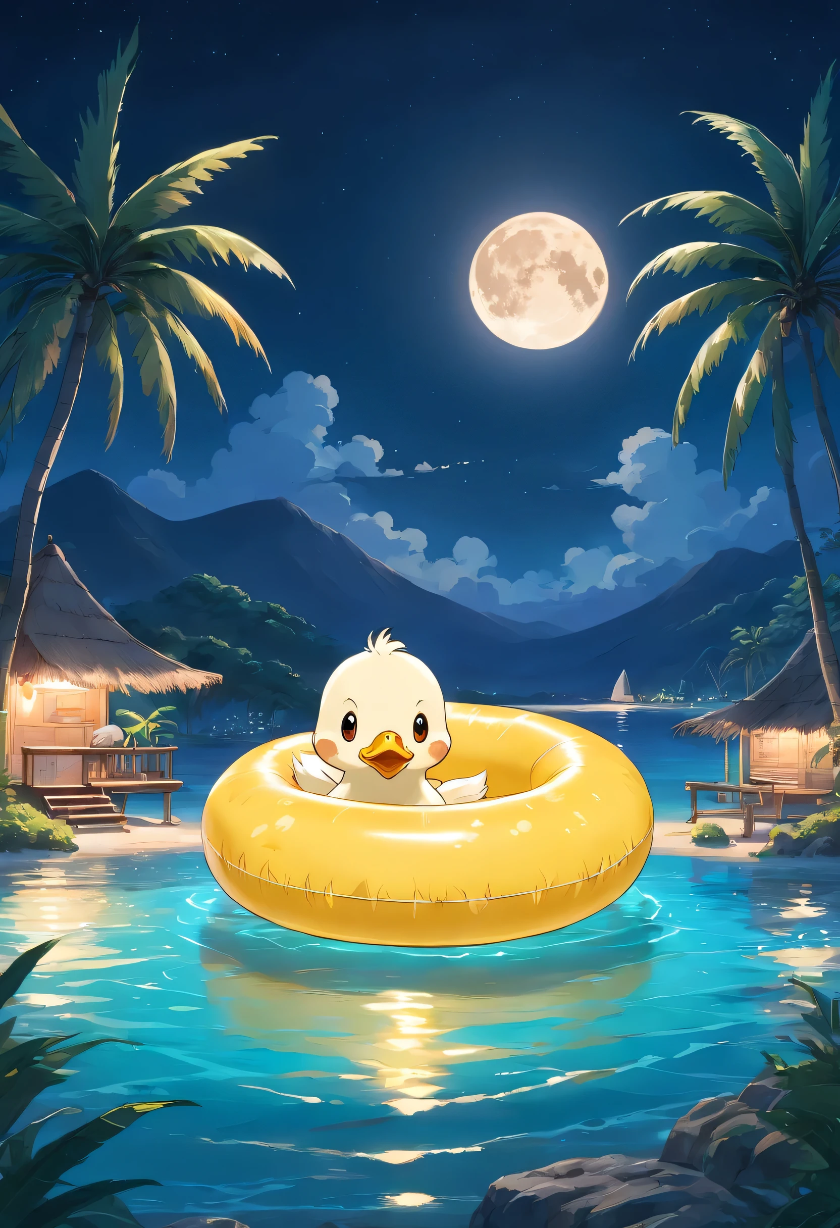 Cute duckling in an inflatable ring, Beautiful sea, in the middle of night full moon , Against the backdrop of an island with palm trees