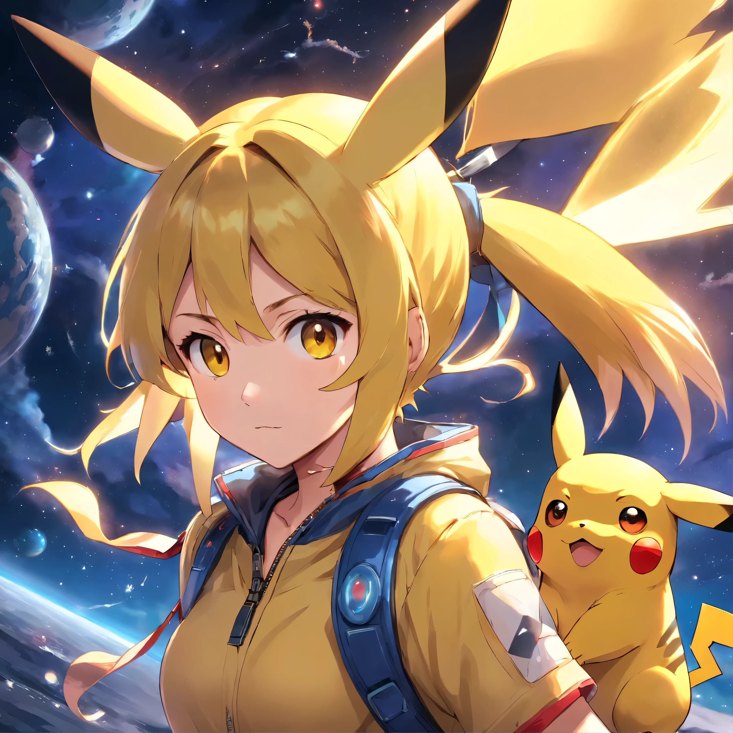 Verspieltes und niedliches Pikachu in Astronautenkleidung，Liveliness and agility，gelbes und weiches Haar，rotes Rouge，Size, funkelnde Augen，Niedliche spitze Ohren。(Pikachu:1.5)
