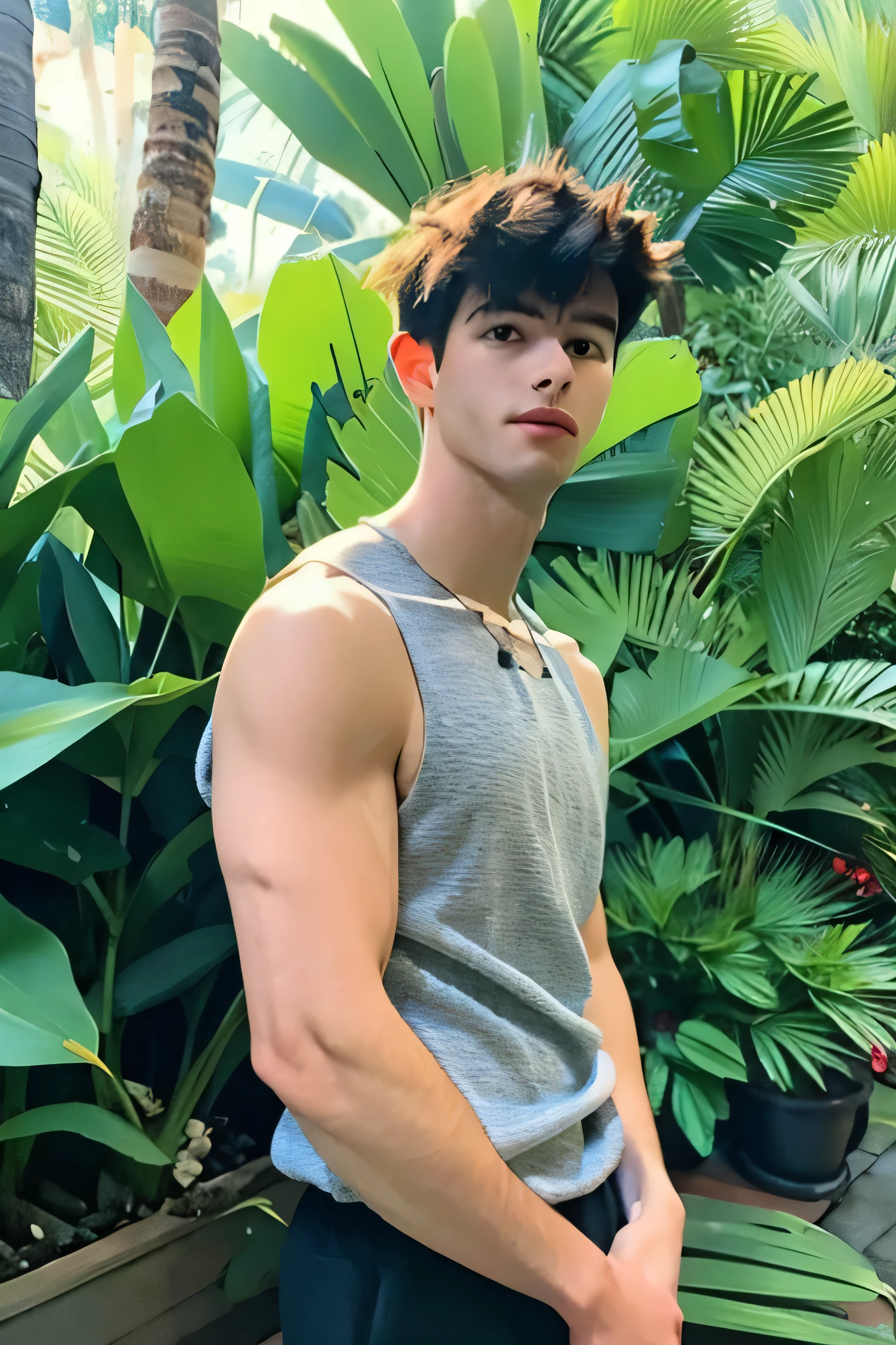 a handsome wearing tank top, upper body, outdoor, 16yo, caucasian, darelljones, ultra realistic, highres, solo, american boy, tropical forest, chill vibe, (masterpiece,best quality:1.5)