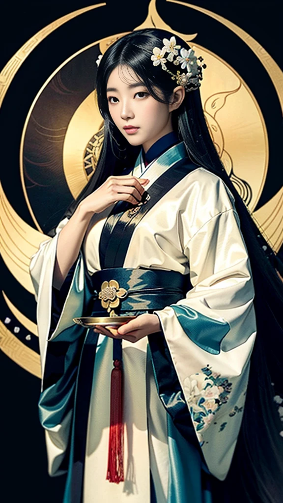 a painting of a woman with long hair and a flower in her hand, korean art nouveau anime, japanese goddess, flowing hair and long robes, anime fantasy illustration, inspired by Sōami, akira from chinese mythology, japanese art style, a beautiful kitsune woman, inspired by Nōami, inspired by Tsukioka Yoshitoshi, autumnal empress