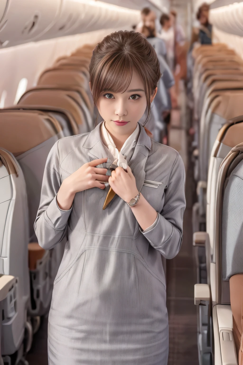 (masterpiece:1.2、highest quality:1.2)、32K HDR、High resolution、(alone、1 girl、Slim figure)、（Realistic style with Starlux Airlines uniform）、 (On board a passenger aircraft, Professional Lighting)、A proper woman, Beautiful Face,、（Starlux Airlines silver uniform:1.4）、（Starlux Airlines silver uniform with short sleeves）、（scarf on chest）、Big Breasts、（Long hair updo、Chignon）、Dark brown hair、Long Shot、（（Fine hand：2.0））、（（Harmonious body proportions：1.5））、（（Normal limbs：2.0））、（（Normal finger：2.0））、（（Delicate eyes：2.0））、（（Normal eyes：2.0））)、Beautiful standing posture