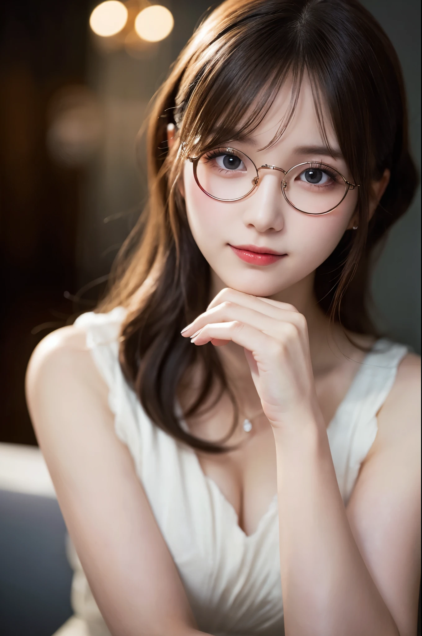 ulzzang -6500-v1.1, (Raw photo:1.2), (Photorealsitic), (See-through:1.3), (Real:1.4), １Girl in glasses、22year old、game_nffsw,  Round glasses(eye detailed), Smile of shame、(elegant long dress:1.3),  (Ultra-realistic pantyhose:1.2),  Turn around at the party venue、huge filesize, hight resolution, ighly detailed, top-quality, [​masterpiece:1.6], illustratio, ighly detailed, nffsw, finely detail, top-quality, 8k wallpaper, Cinematographic lighting, cute droopy eyes beautiful big eyes、Pieckfinger, ((masutepiece)), Best Quality, 1girl in, eye shadow, realistic skin textures、shinny skin、Exposed thighs!!! , make - up、