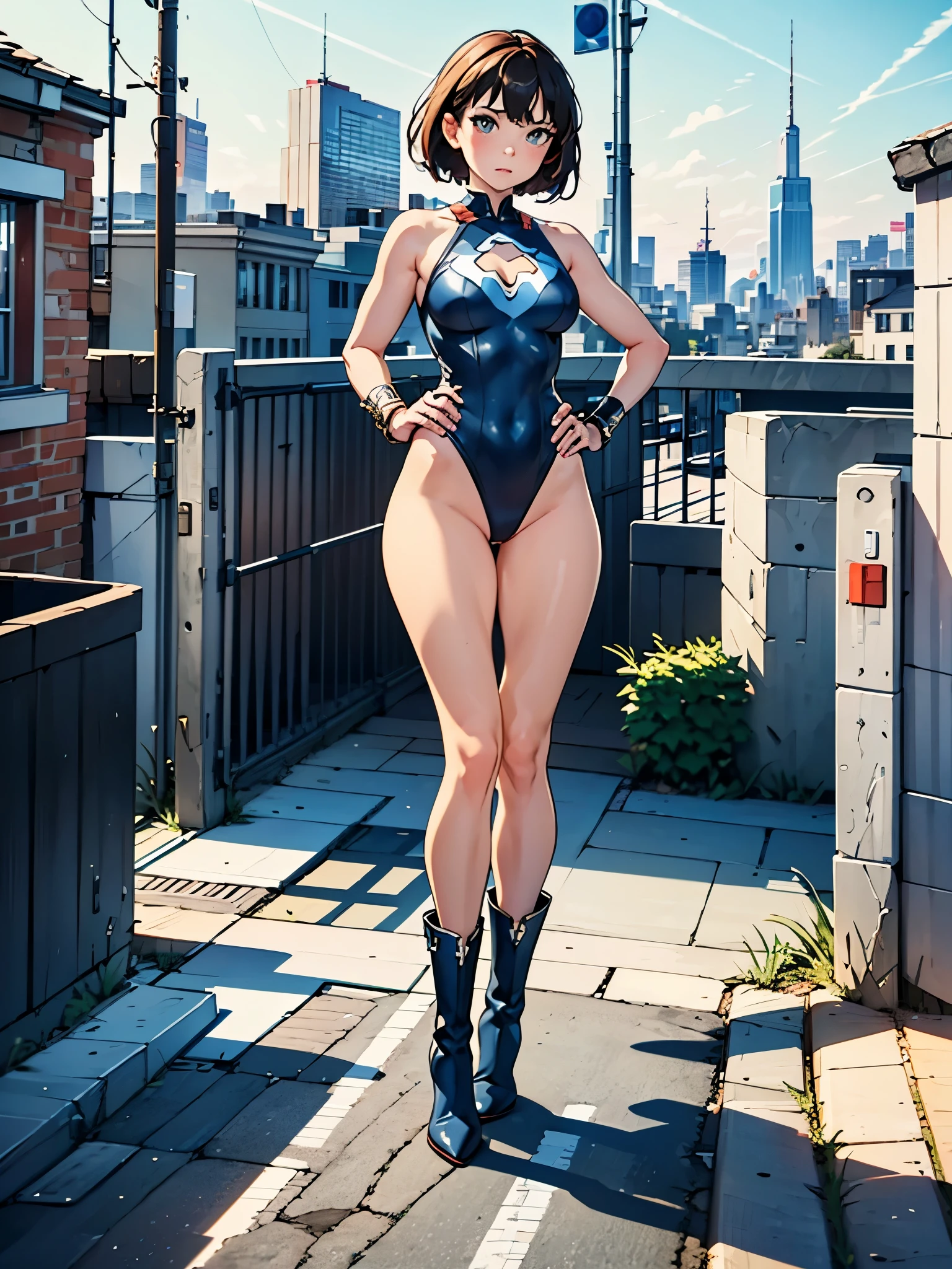 best quality, masterpiece, highres, 1girl, boots, breasts, bracelets, full body with costume, leotard, bare legs, medium breasts, perfect hands, complete fingers, perfect anatomy, perfect proportions, solo, solo focus, superhero girl, beautiful detailed eyes, beautiful detailed face, diffraction spikes, heroic, standing straight, hands on hip, city backdrop